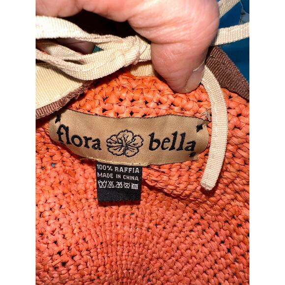 VINTAGE FLORA BELLA 100% RAFFIA ADJUSTABLE STRAW HAT CORAL TURQUOISE - Picture 6 of 6